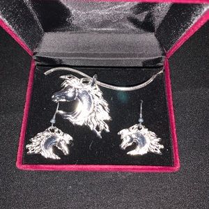 Silver Horse Pendant Necklace and Earring Set